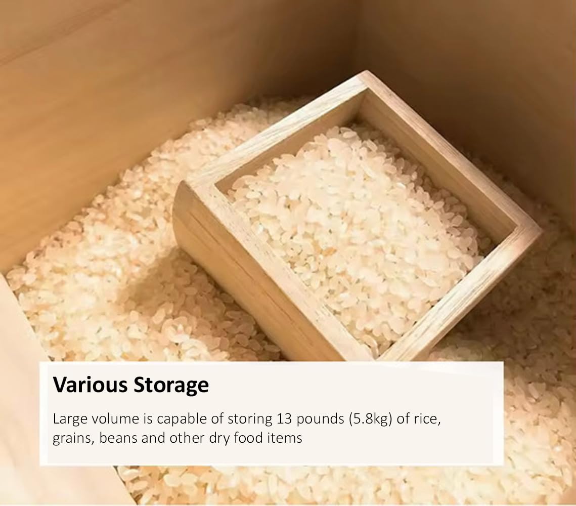 ELEMNTS Wooden Rice Storage Container with Lid and Measuring Cup, 13lbs (5.8kg) - Grains, Beans and Dry Food