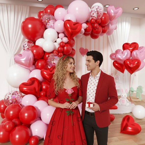 PityBlns Valentine's Day Balloon Arch Kit - 153Pcs Pink and Red Heart Foil Balloon Red and Pink White Balloons Garland Kit for Valentines Day Galentine's Day Anniversary Wedding Party Decorations