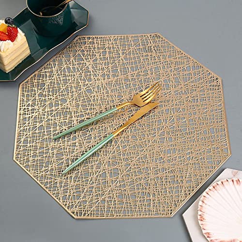 15 Inch Gold Vinyl Round Placemat Set of 6 - Wipeable and Washable Table Mats for Dining and Holiday Decor