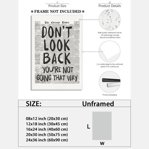 Don't Look Back - Black and White Retro Newspaper Wall Art by [Brand Name] | Inspirational Quote Poster for Preppy Aesthetic Room Decor - 8x12 Inch Unframed