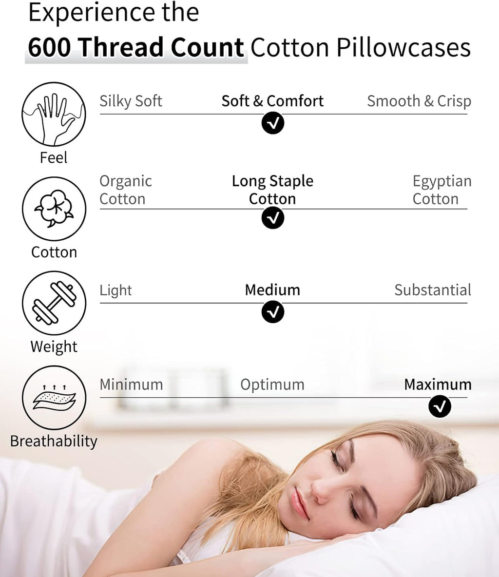 Warmstar Cotton Pillow Cases - Set of 2, 600 Thread Count, Soft & Breathable 20x26 Inches, White