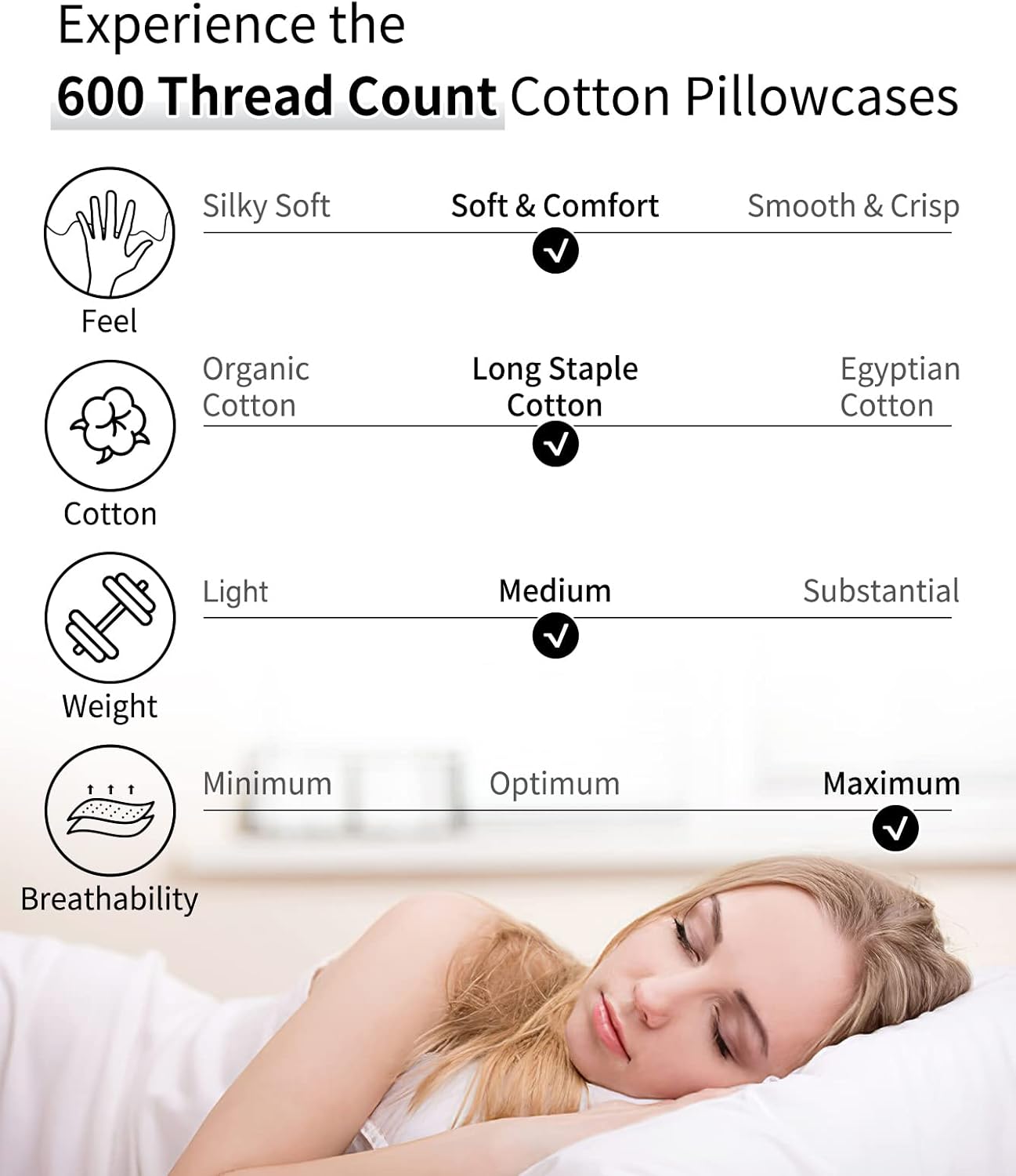 Warmstar Cotton Pillow Cases - Set of 2, 600 Thread Count, Soft & Breathable 20x26 Inches, White