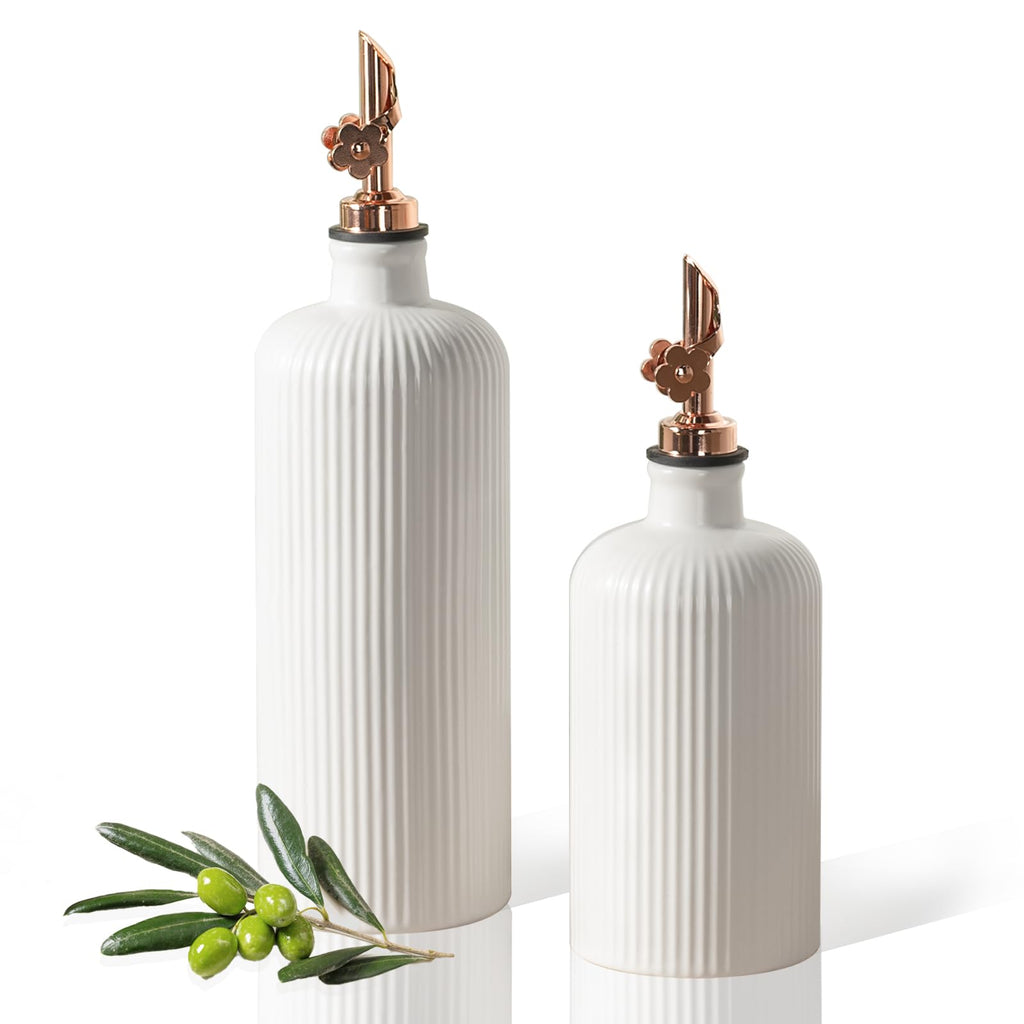 Dizada Olive Oil Dispenser Bottle Set of 2 (22 Oz + 14 Oz) - Porcelain Oil and Vinegar Bottles with Stainless Steel Spout, Ceramic Kitchen Cruet, Dishwasher Safe