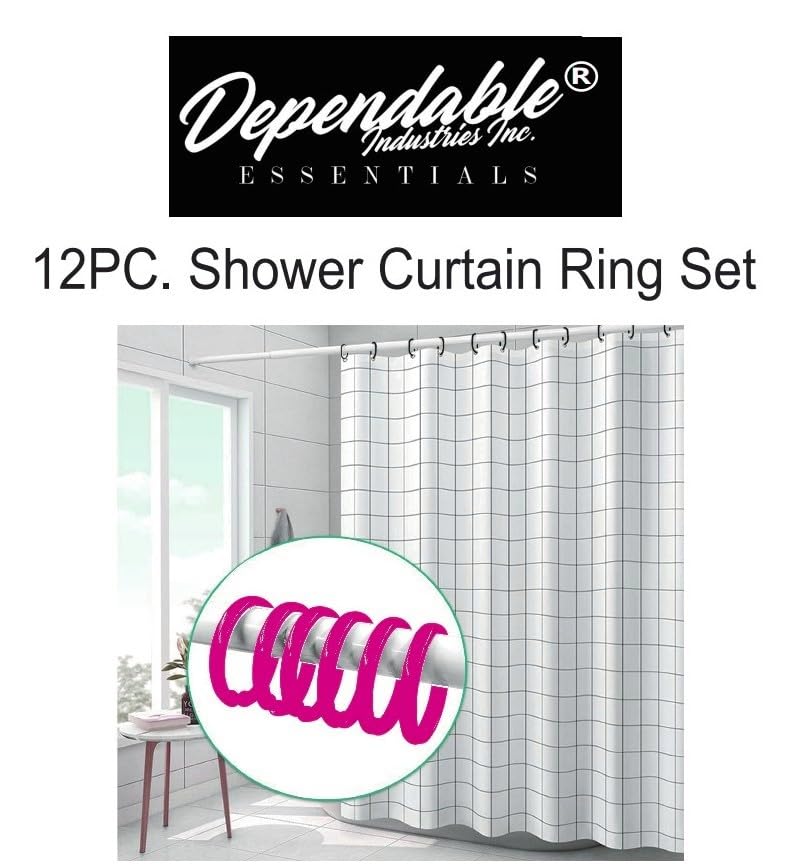 12-Piece Neon Pink Shower Curtain Rings, Easy-Glide Locking Hooks