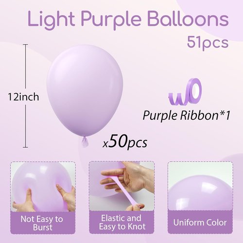 Light Purple Balloons - 12-Inch Pastel Latex Balloons | 50-Pack for Wedding, Baby Shower & Birthday Decor
