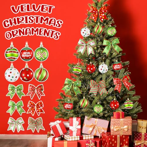 Christmas Tree Ornaments Set with Glittering Red and Green Balls and Bows - 48 Pieces