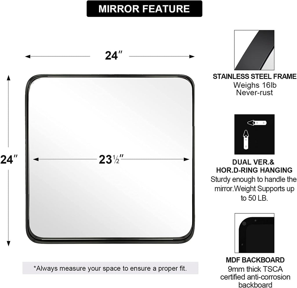 ANDY STAR Square Wall Mirror - 24”x24” Matte Black Metal Mirror with Rounded Corners | Premium Stainless Steel Frame