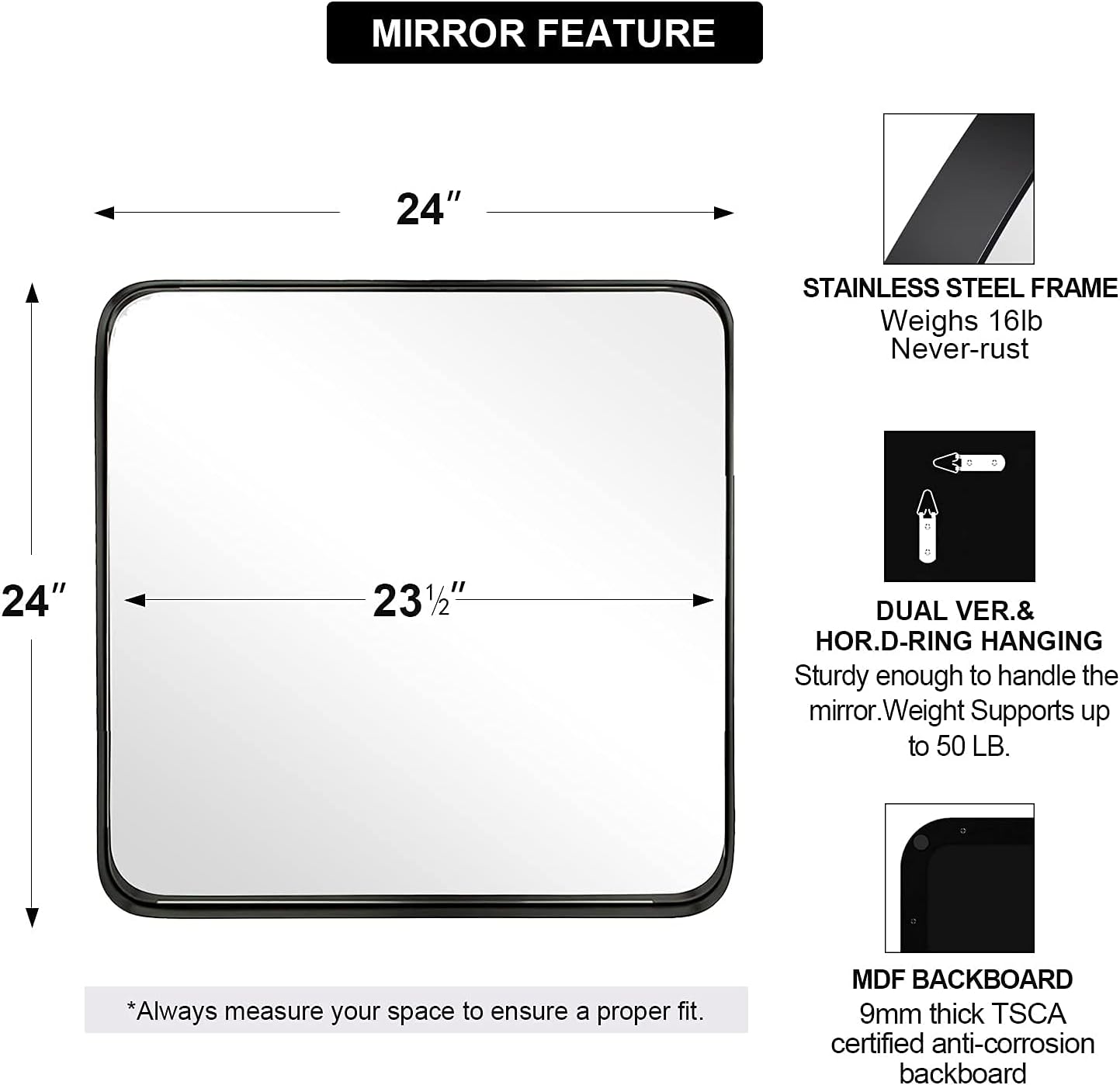 ANDY STAR Square Wall Mirror - 24”x24” Matte Black Metal Mirror with Rounded Corners | Premium Stainless Steel Frame