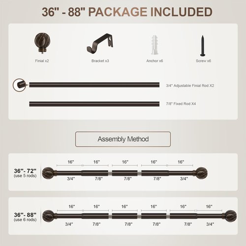 Bronze Curtain Rods for Windows 48 to 84 Inches Adjustable Length Heavy Duty 7/8" Diameter Brown Window Curtain Rod with Decorative Finials for Outdoor Farmhouse Bedroom Kitchen Living Room