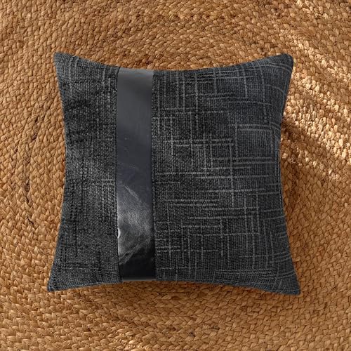 Black Chenille Throw Pillow Cover 18x18 with Faux Leather Accents