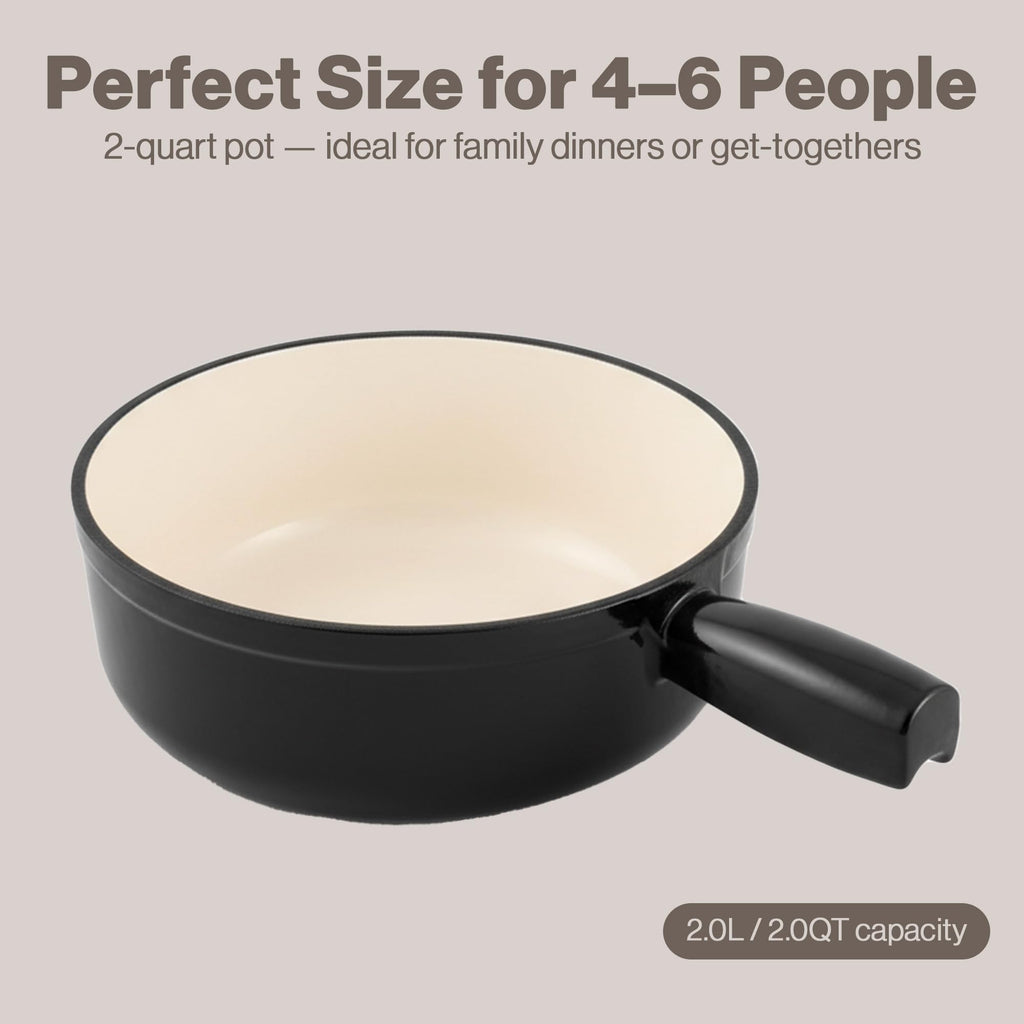 Swissmar Lugano Cast Iron Cheese Fondue Pot Replacement, 2 QT / 2 L – Compatible with Swissmar Lugano Fondue Sets – Ideal for Melting Cheese, Chocolate, & Caramel – Metallic Black