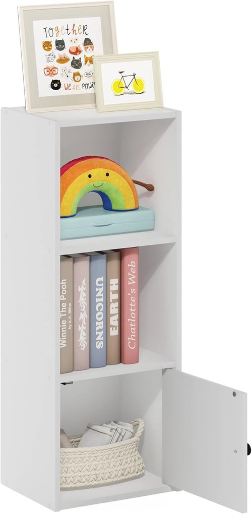 Furinno LUDER 3-Tier Modern Bookshelf - Stylish Bookcase with Storage Cabinet | White, 9.3 x 12 x 31.5