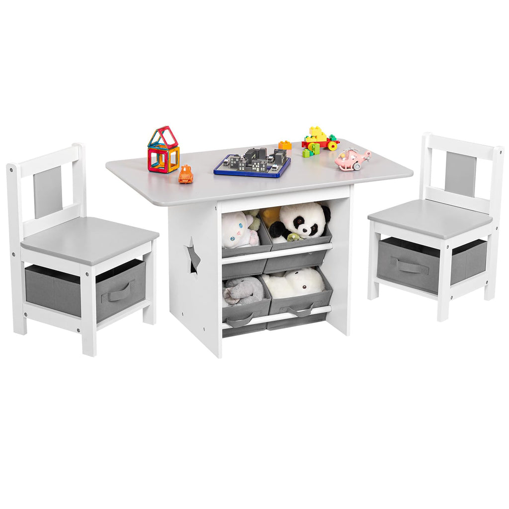 Vilaxing Kids Table and Chair Set (2 Chairs Included), Wooden Toddler Desk Group with 6 Storage Bins Boxes, Children's Furniture, Water Resistant (Gray)