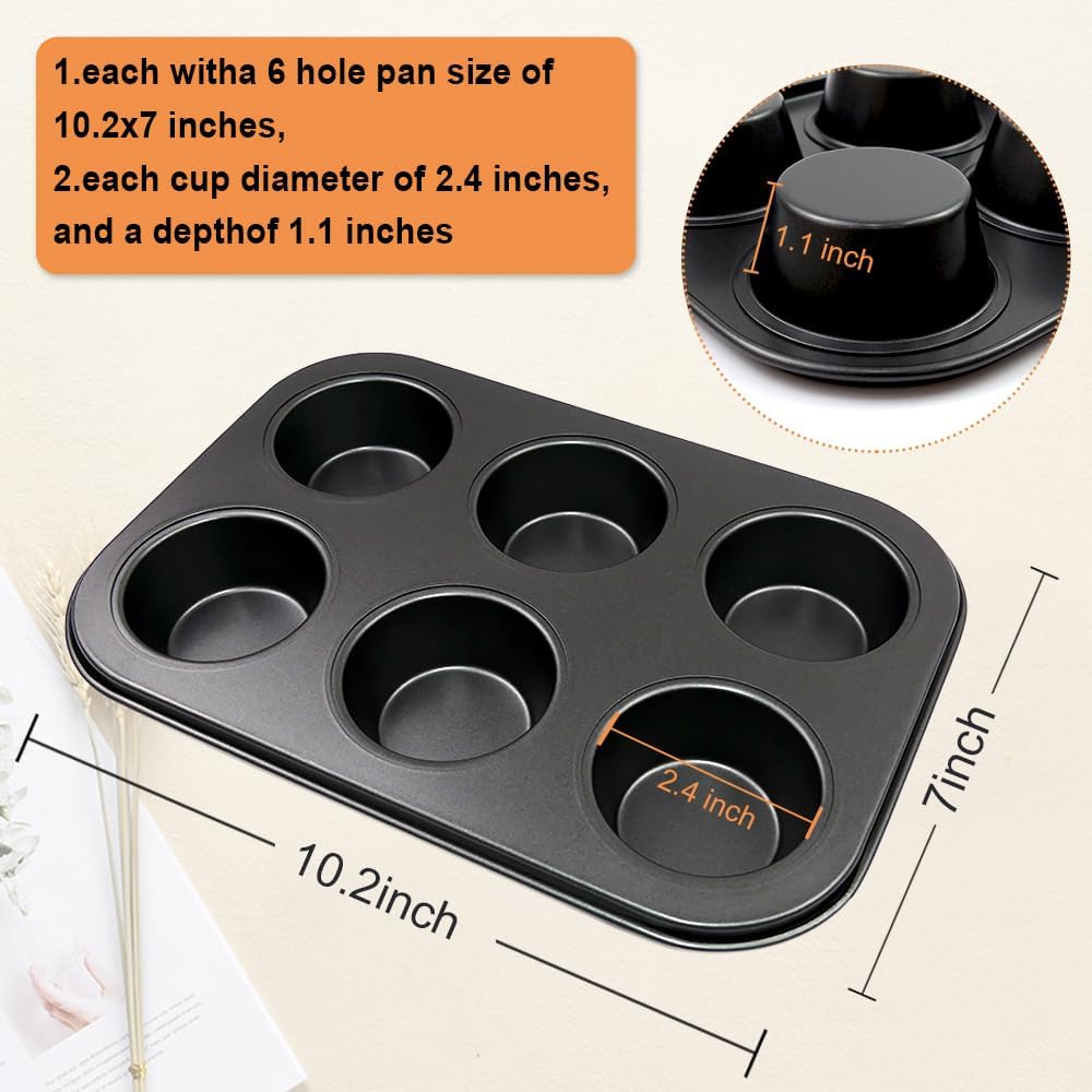 Premium Steel Muffin Pan by [Brand Name] - 2 Pack Round Baking Tray for Muffins & Cupcakes | Black, 6 Cup