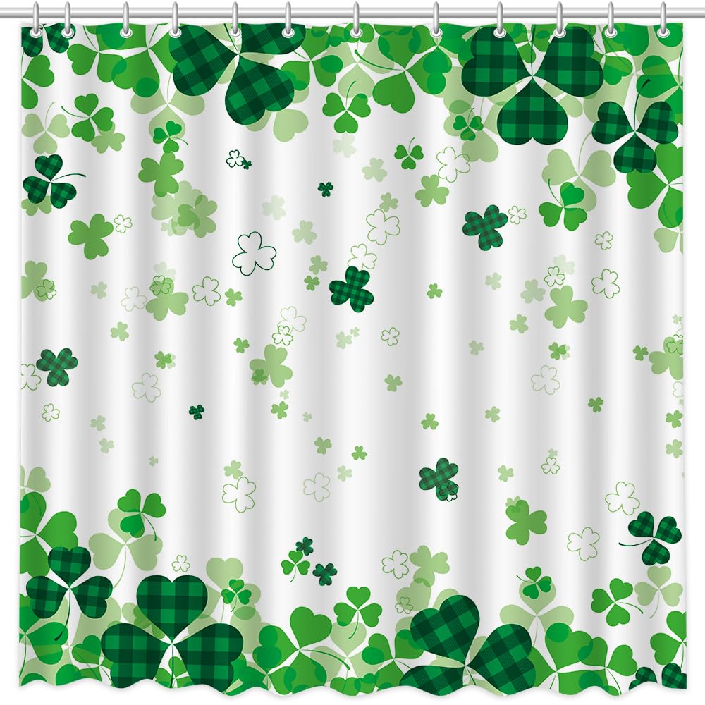 MEHOFOND St. Patrick's Day Clover Shower Curtain,Green Shamrock Clover St Patricks Day Shower Curtain,Shamrock Bathroom Decor Curtains,Irish St Patrick's Day Fabric Curtain 72x72 in