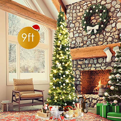 9ft Artificial Pencil Christmas Tree - Premium Hinged Pine with Solid Metal Legs - Green