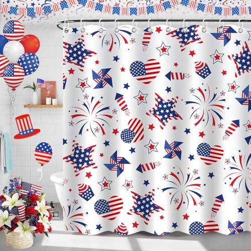 Patriotic USA 4th of July Shower Curtain - Blue and White, 71x71 Inch