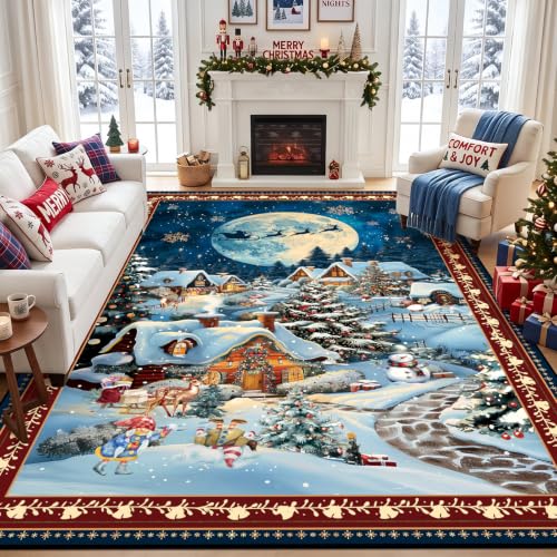 Christmas Washable Area Rug 6x9Ft - Red & Blue Holiday Decor, Rectangular