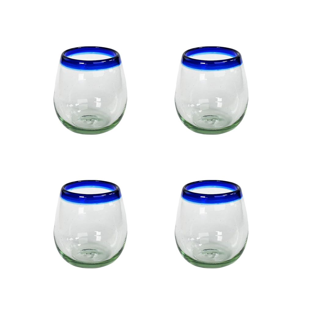 Stemless Wine Glass, Cobalt Blue Rim, Set of 4, 11 oz, Hand Blown by Mexican Artisans from 100% Recycled Cola Bottles, Eco-Friendly, Sustainable, Expert Craftsmanship, passed down through Generations