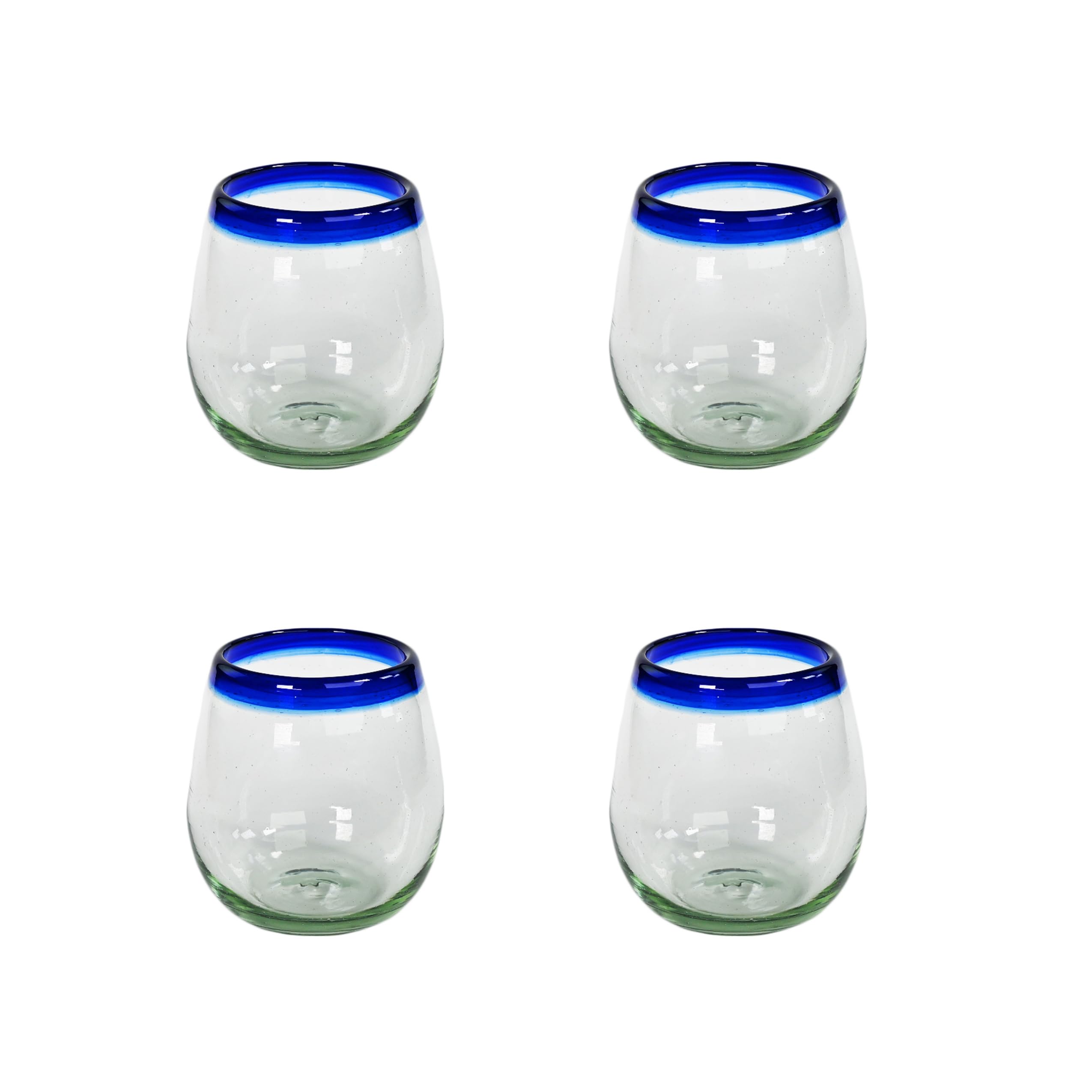 Stemless Wine Glass, Cobalt Blue Rim, Set of 4, 11 oz, Hand Blown by Mexican Artisans from 100% Recycled Cola Bottles, Eco-Friendly, Sustainable, Expert Craftsmanship, passed down through Generations
