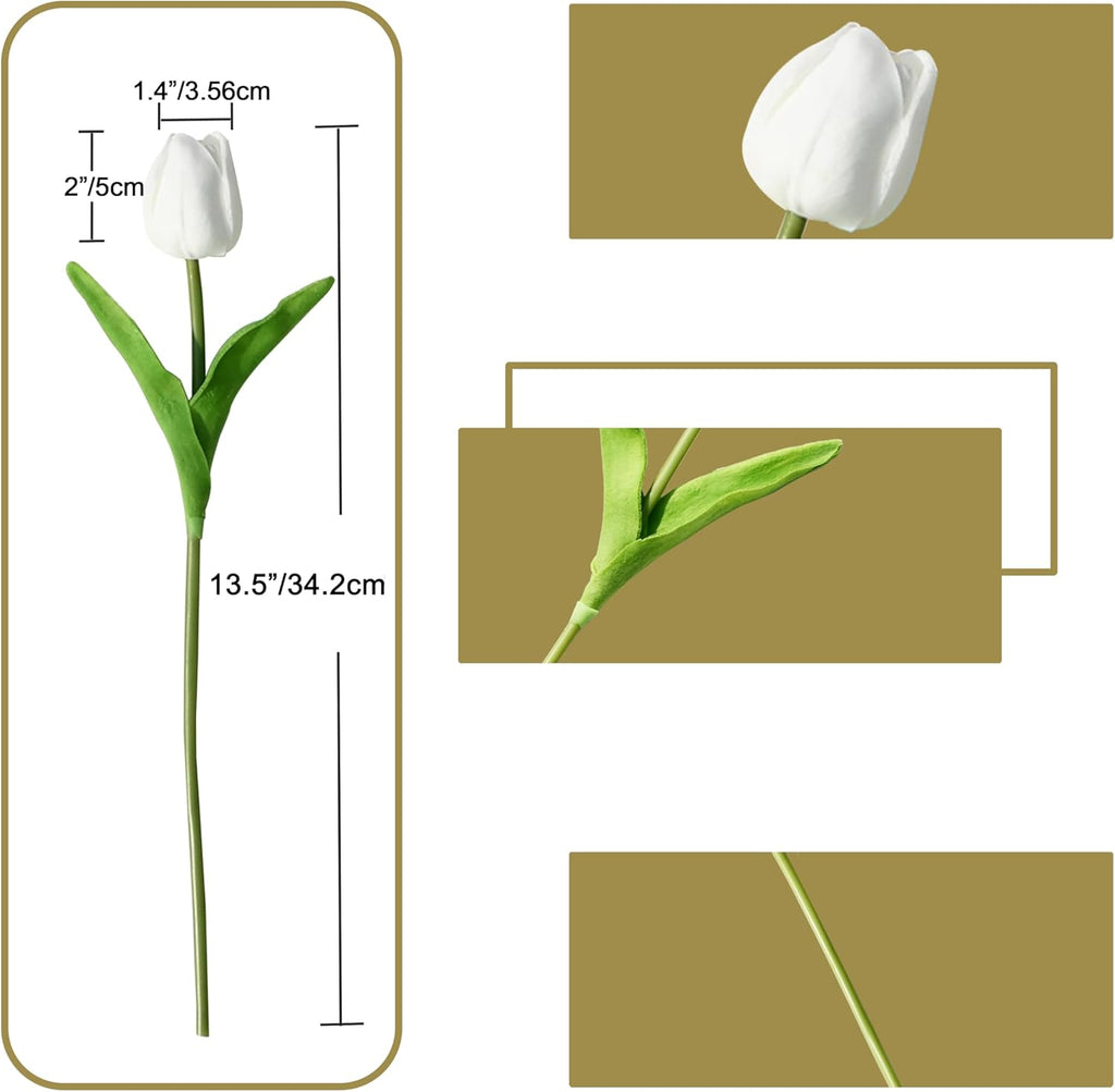 ONLY ART Artificial White Tulips - 28 Pcs 13.5 Inch PU Faux Flowers for Home Décor & Weddings