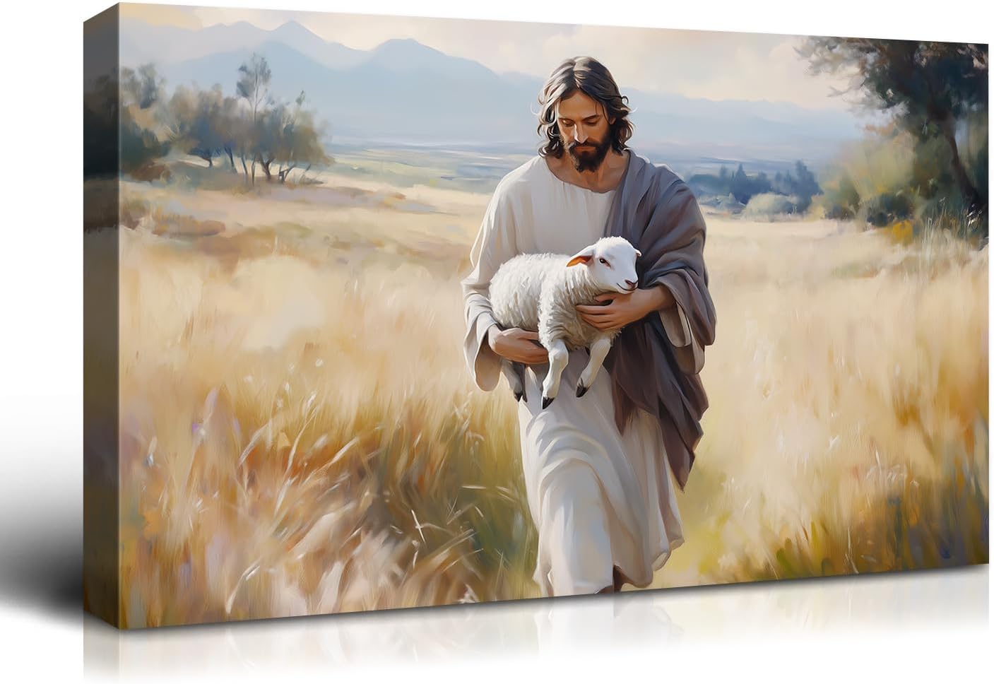 Wewejia Jesus and Lamb Canvas Wall Art - Large 46x32 Inch Religious Faith Print for Home Decor