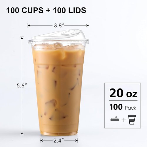 AOZITA 100 Pack 20 oz Plastic Cups - BPA-Free Disposable Iced Coffee Cups with Strawless Sip-Lids | Perfect for Smoothies & Party Drinks