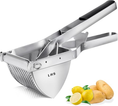 LHS Stainless Steel Potato Ricer & Masher - Heavy Duty, Ergonomic Grip, Extra Large Capacity, Dishwasher Safe - Black