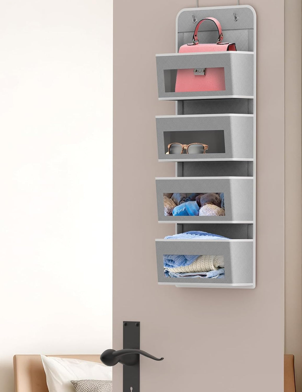 Simple Houseware 4-Pocket Over-Door Storage Organizer - Clear Window Design for Bedroom & Bathroom, Gray