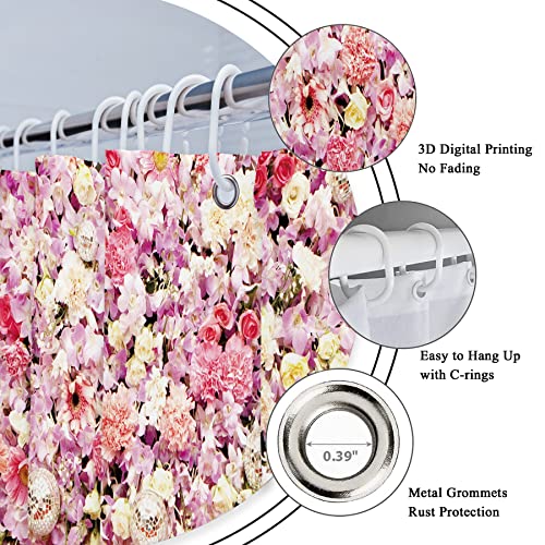 Riyidecor Pink Floral Shower Curtain 72"x72" with Hooks - Bridal Decor