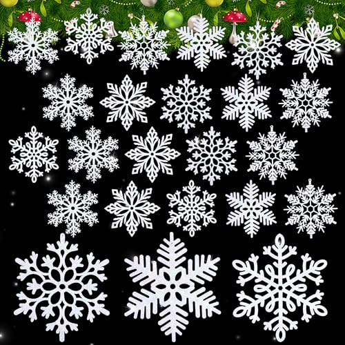 Large White Snowflake Ornaments Set - 12 Inch Plastic Holiday Decorations, Glittered Snowflakes for Christmas Tree & Indoor Outdoor Decor - 24 Pieces