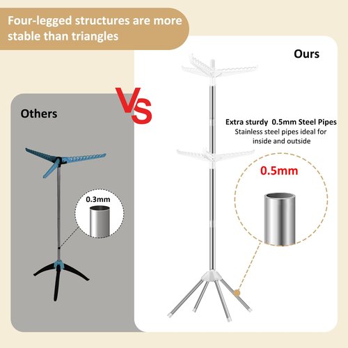 SUYU Clothes Drying Rack,Folding Clothes Drying Tree, 2 Layer with 6 Rotatable Arms,72-Inch Indoor Clothes Rack,Stainless Steel,4 Legs,White and Silver SNJ202