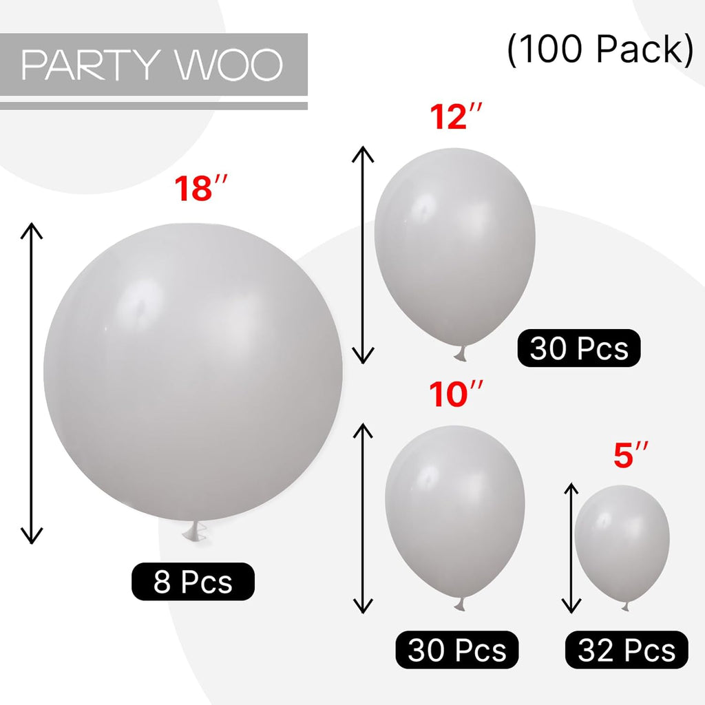 PartyWoo Gray Balloons - 100 Pcs Matte Grey Latex Balloon Arch Kit | 18", 12", 10", 5" Sizes for Baby Showers, Gender Reveals, and Birthdays
