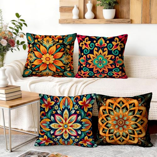 ORMAN Boho Mandala Throw Pillow Covers 18x18 Inch, Set of 4, Style 1