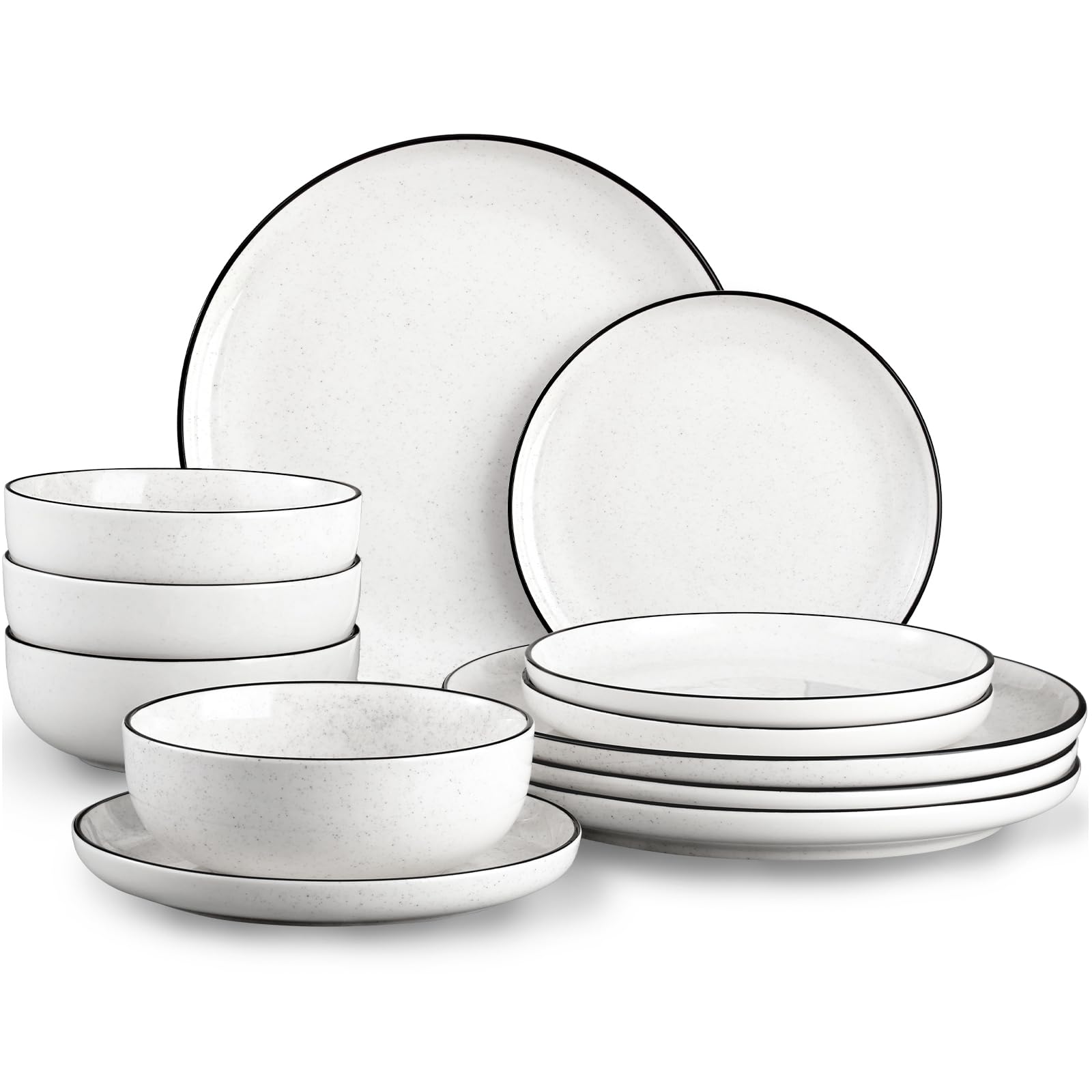 SOVEGLEE Plates and Bowls Sets for 4,12 Pieces Ceramic Dish set, White Dinnerware Set for Kitchen, Modern Design Plate Sets with Black Rim, Microwave and Dishwasher Safe