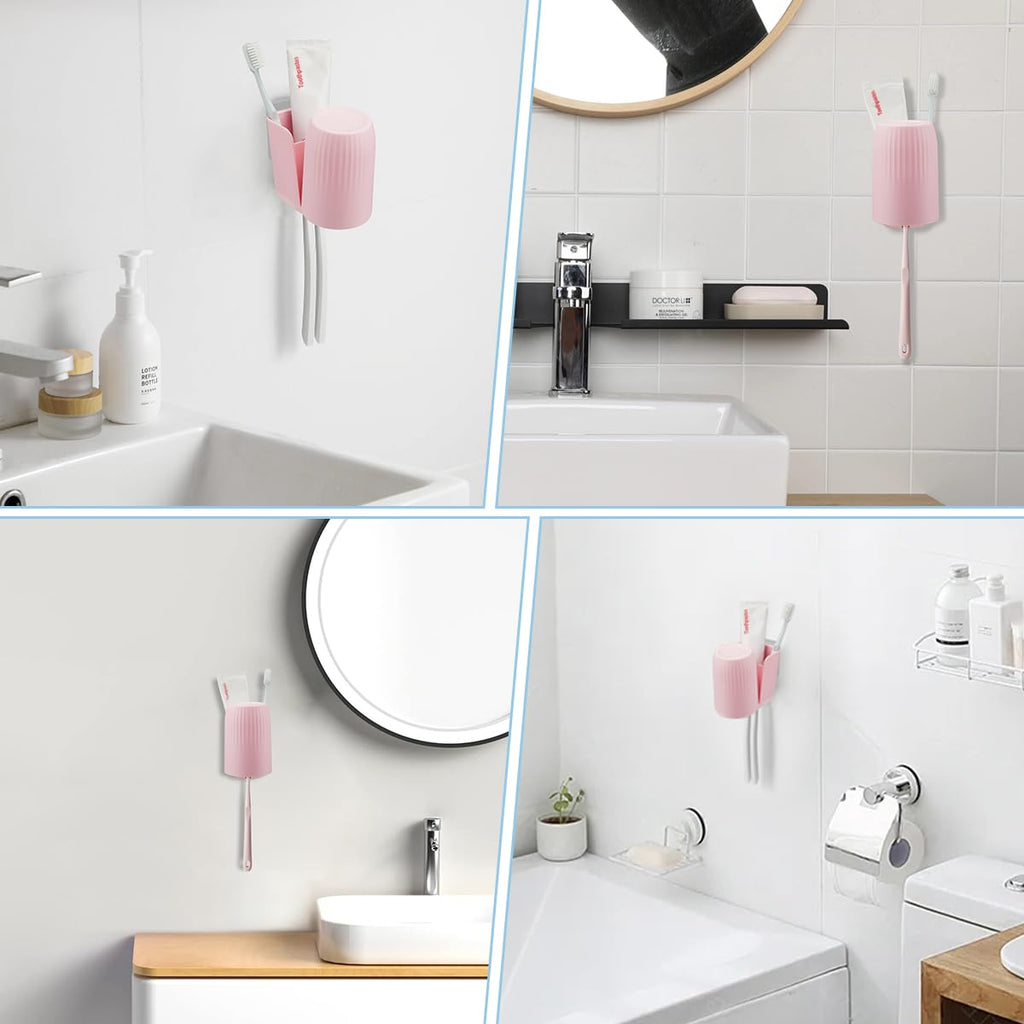 oppfacx Toothbrush Holders for Bathrooms Toothbrush Holders Wall Mounted BPA-Free Tooth Brush Holder with Toothbrush Cup Drilling-Free (Pink)
