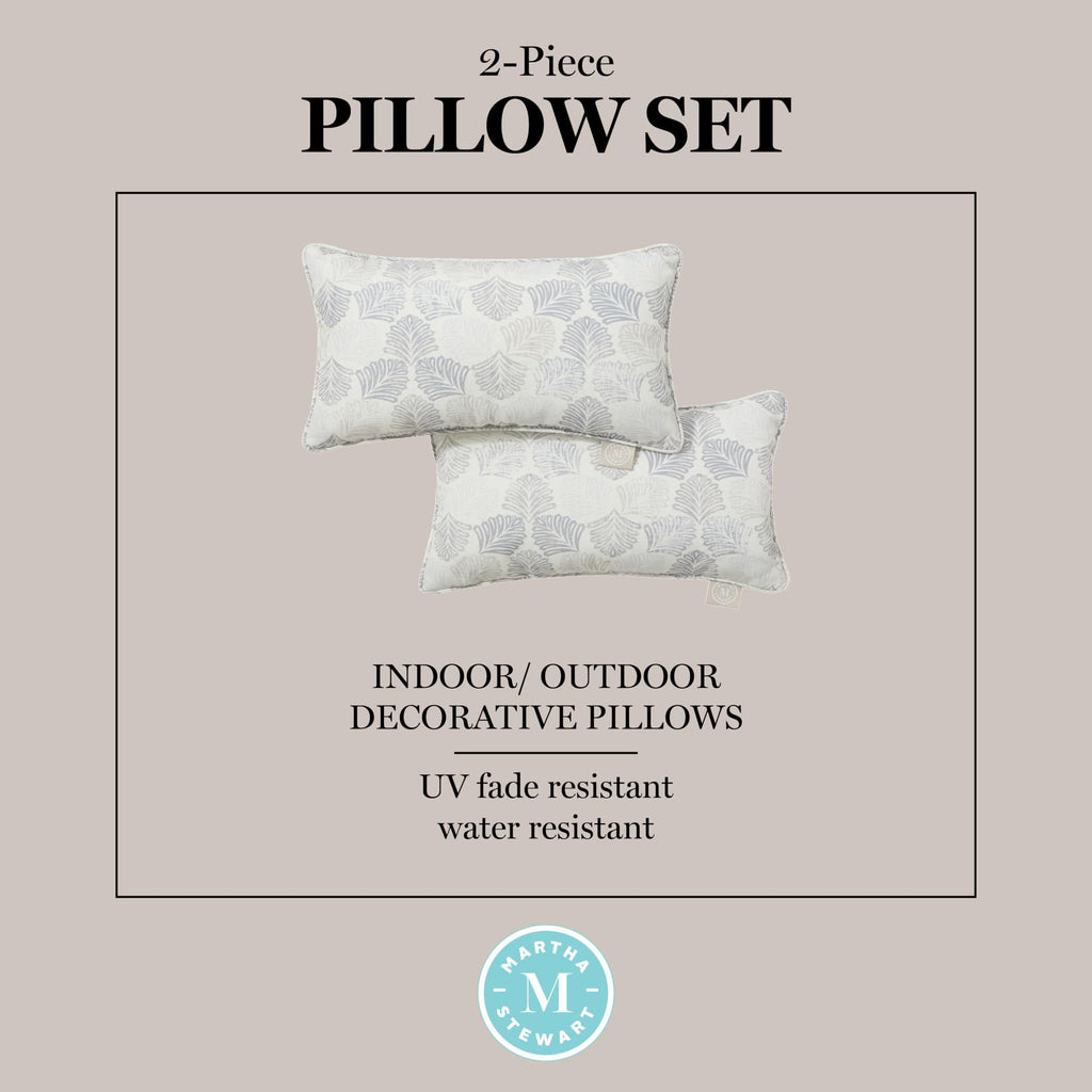 Martha Stewart Modern Banana Leaves Indoor Outdoor Decorative Lumbar Pillow 2-Pack Set, UV Fade Resistant, Water Repellent, Printed Tropical Design, Warm Grey, 11"x18"