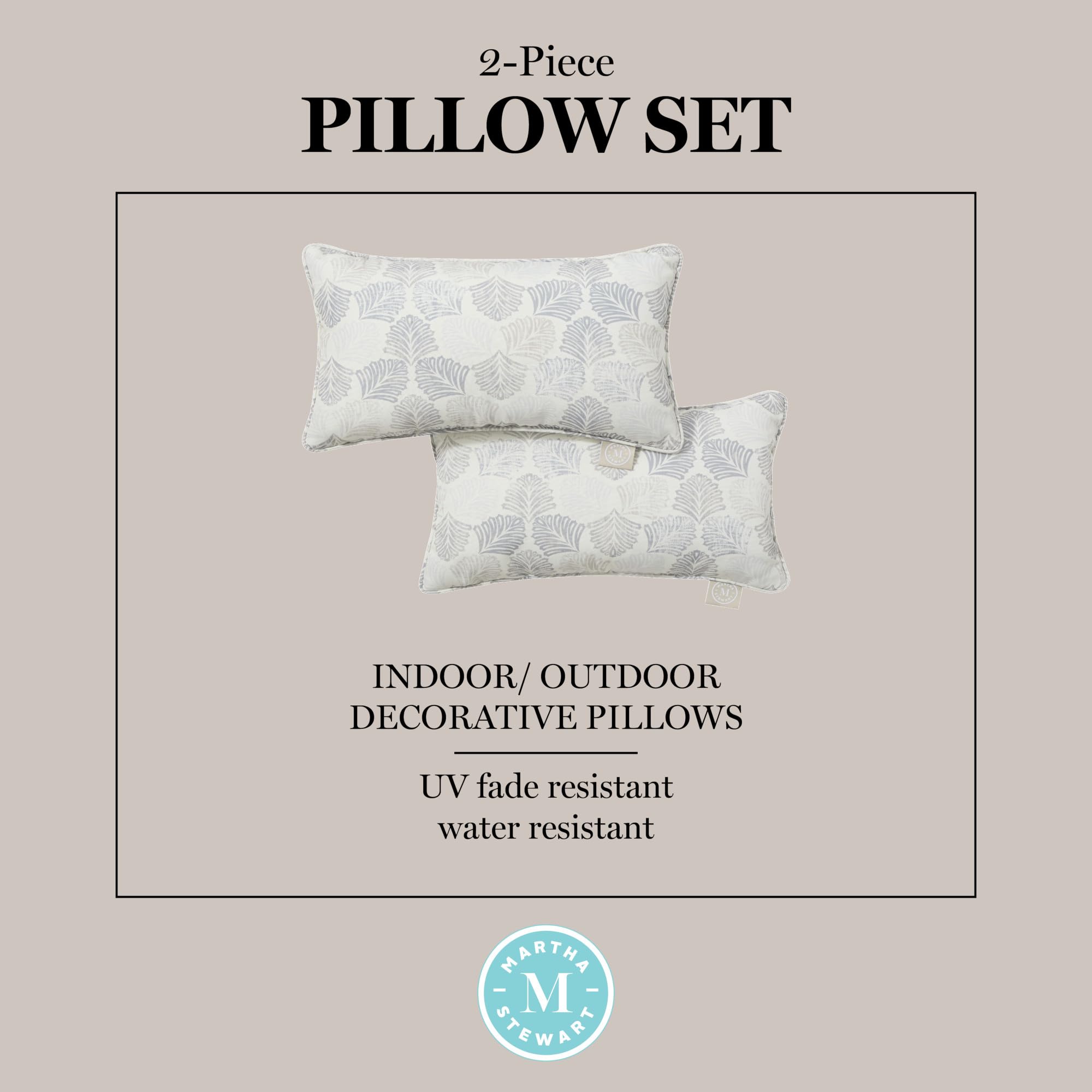Martha Stewart Modern Banana Leaves Indoor Outdoor Decorative Lumbar Pillow 2-Pack Set, UV Fade Resistant, Water Repellent, Printed Tropical Design, Warm Grey, 11"x18"