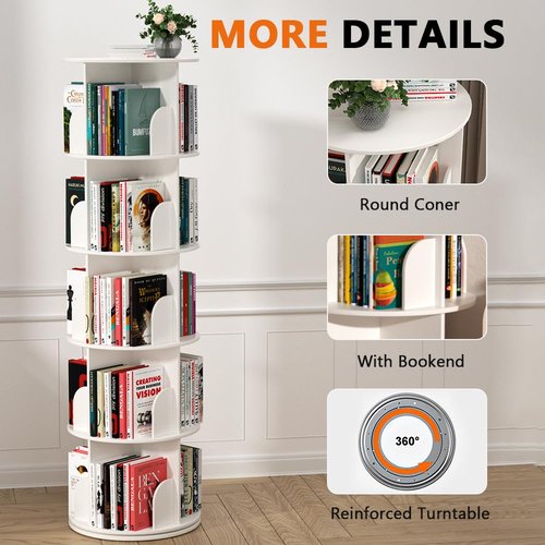 Nidouillet Rotating Bookshelf Tower, 5 Tier Spinning Bookcase Lazy Susan, Revolving 360 Book Shelf Storage Round Organizer, Vertical Rotate Turning Corner Book Case for Small Space, White