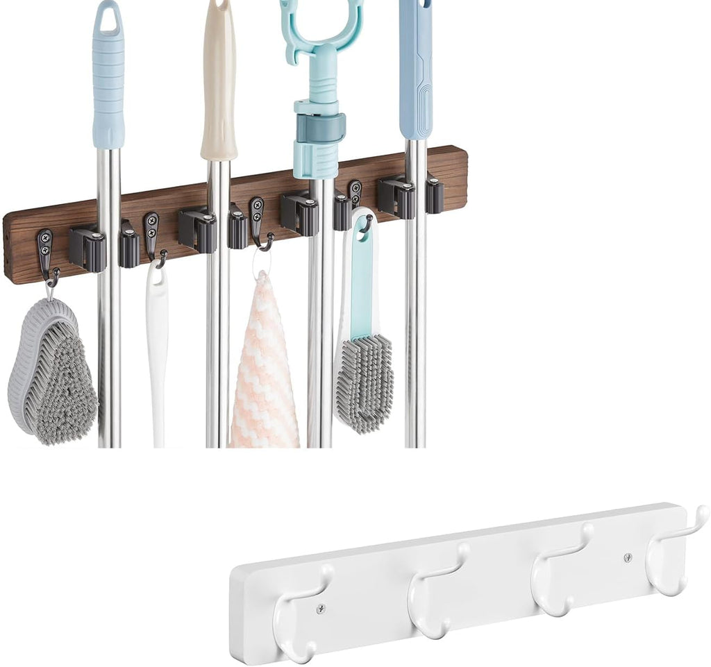 OUTNILI Wall-Mounted Broom Holder & Coat Rack - Space-Saving Organizer Bundle