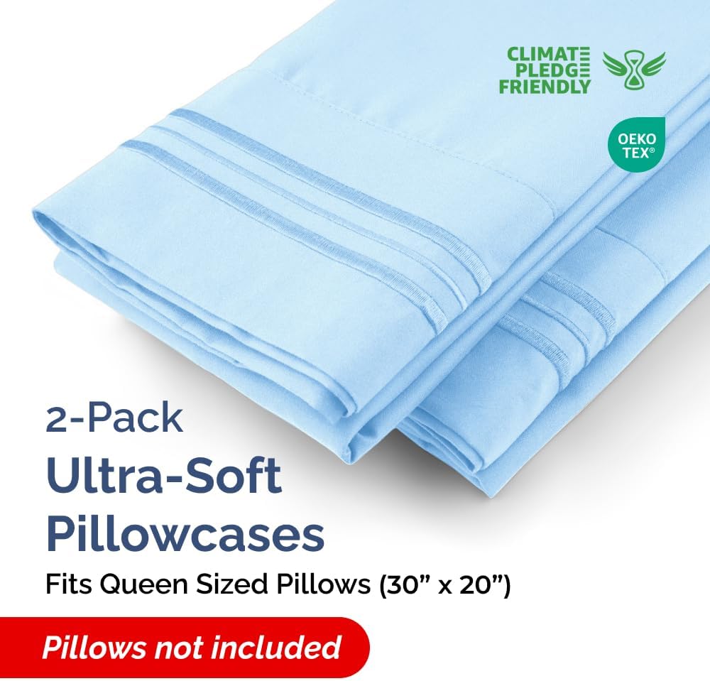 Queen Pillow Cases by [Brand Name] - Ultra Soft Hotel Quality - Wrinkle Free & Fade Resistant - Light Blue, Set of 2