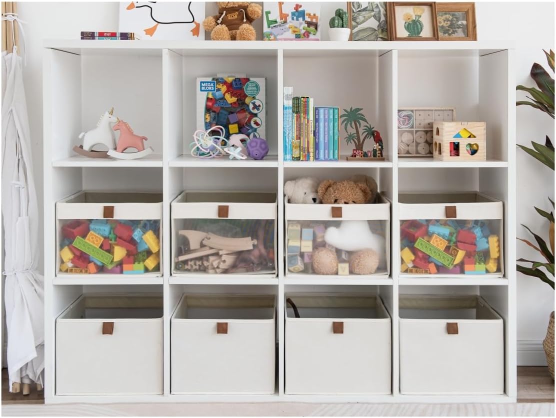 StorageWorks Large Closet Storage Bins - Foldable Fabric Organizers with Clear Window & Handles | Beige, 3 Pack