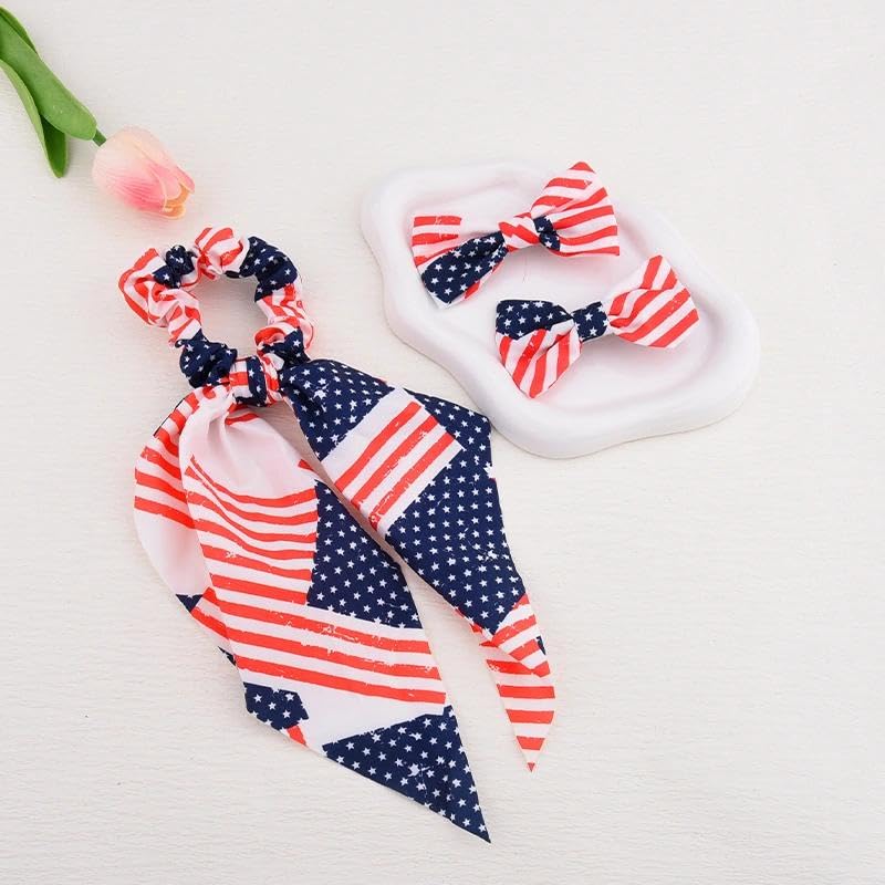 American Flag Hair Accessories Set 4th of July Bow Scrunchie Clips
