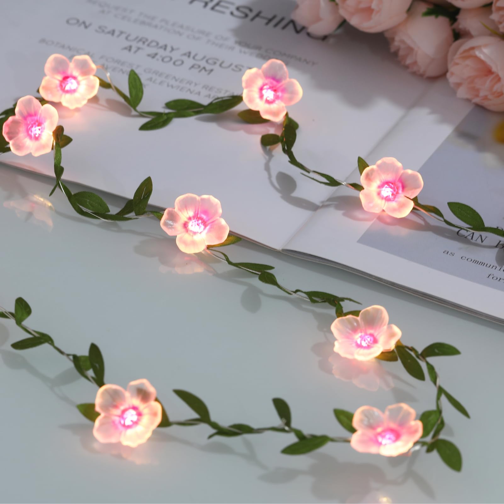 Cherry Blossom Vine Lights 13ft 40 LED Flower String Lights USB Plugin & Battery Operated Fairy Lights with Timer 8 Modes Remote Decorative Light for Graduation Bedroom Wedding Birthday Party Gift