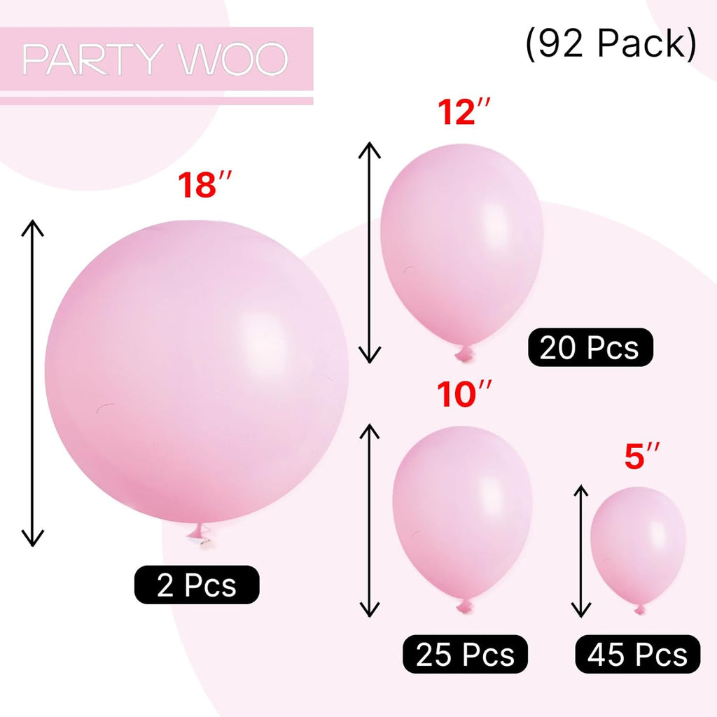 PartyWoo Baby Pink Balloons - 92-Piece Arch Kit with Various Sizes for Baby Shower & Birthday Decor