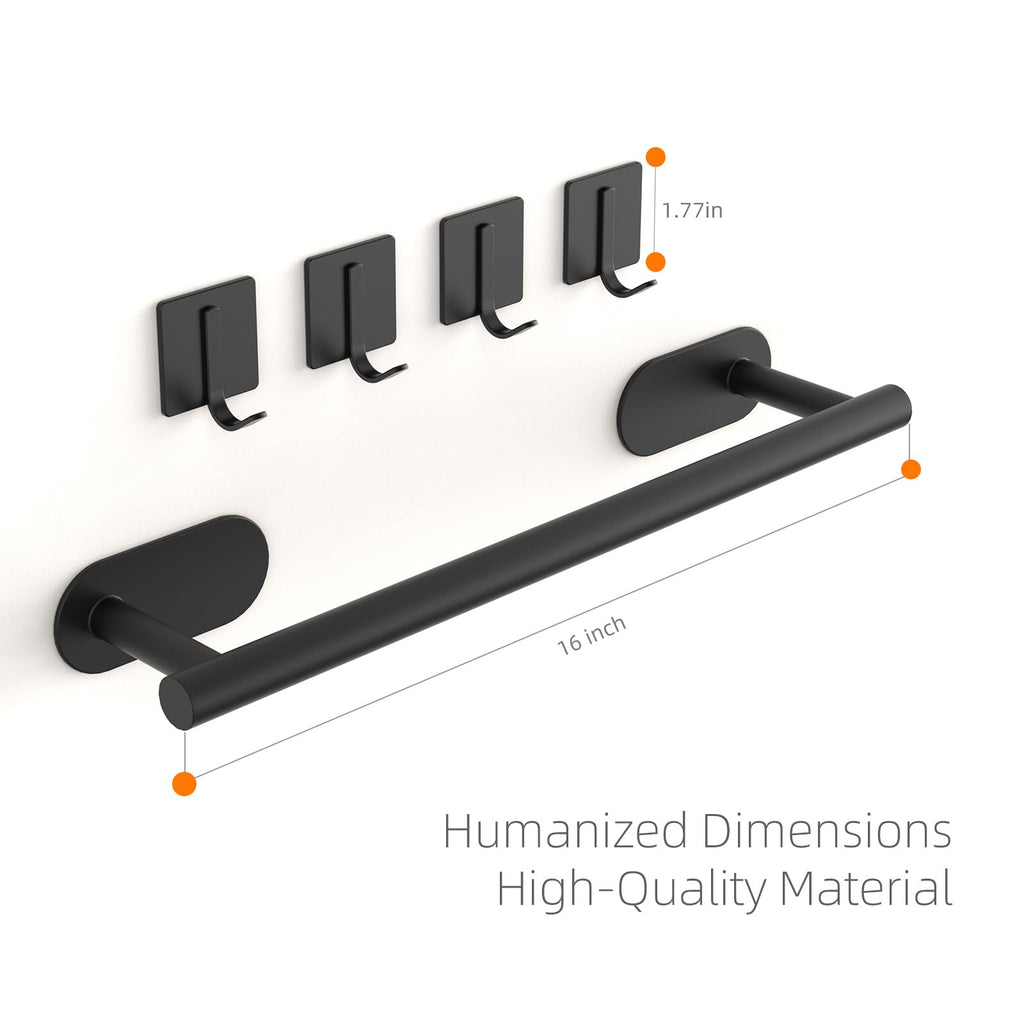 Batur 5 Pack Towel Holder, Towel Racks for Bathroom Self Adhesive, 16" Towel Bar with 4 Pack Towel Hooks, Premium Hand Towel Holder, Heavy Duty Towel Hanger Shower Rack Wall Mounted, Black