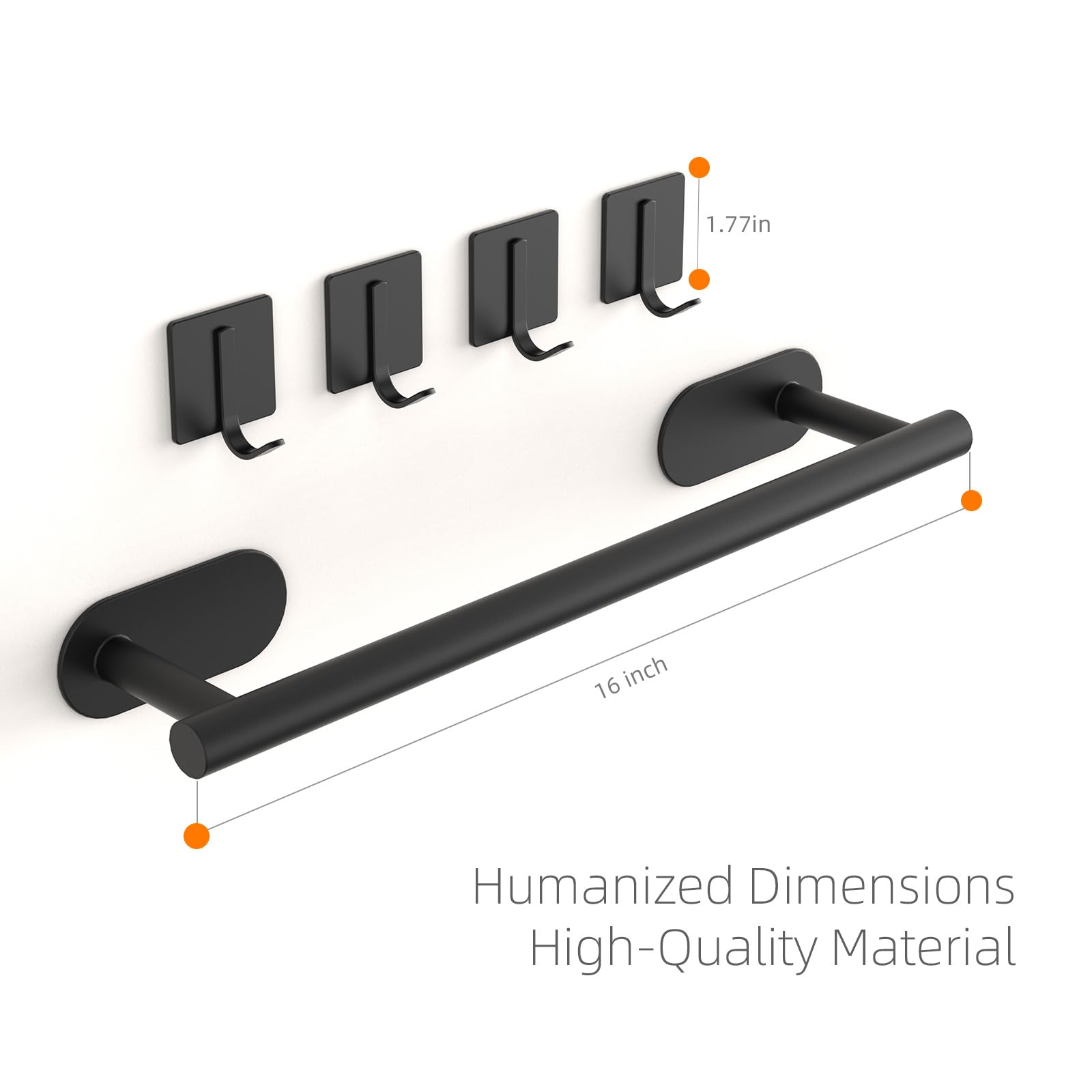 Batur 5 Pack Towel Holder, Towel Racks for Bathroom Self Adhesive, 16" Towel Bar with 4 Pack Towel Hooks, Premium Hand Towel Holder, Heavy Duty Towel Hanger Shower Rack Wall Mounted, Black