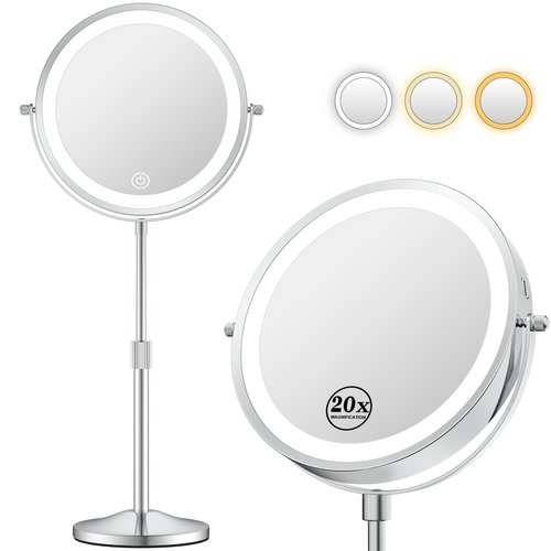 Makeup Mirror with Lights, Height-Adjustable Lighted Makeup Mirror with 1X/20X Magnification, 360° Swivel Rechargeable Double Sided Vanity Mirror with 3 Color Dimmable Lights, Gifts for Women