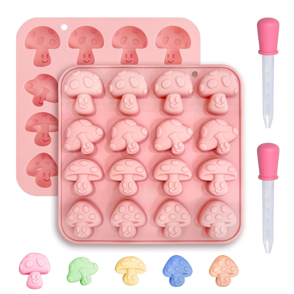 2PCS Mushroom Silicone Mold with 2 Droppers - 16 Cavity 3D Cute Mushroom Gummy Molds for Chocolate Candy Soap Resin - Fondant Gummy Cookie Candle DIY Crafts