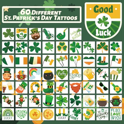 St. Patrick's Day Temporary Tattoos for Kids - 240 Pcs Waterproof Shamrock Designs